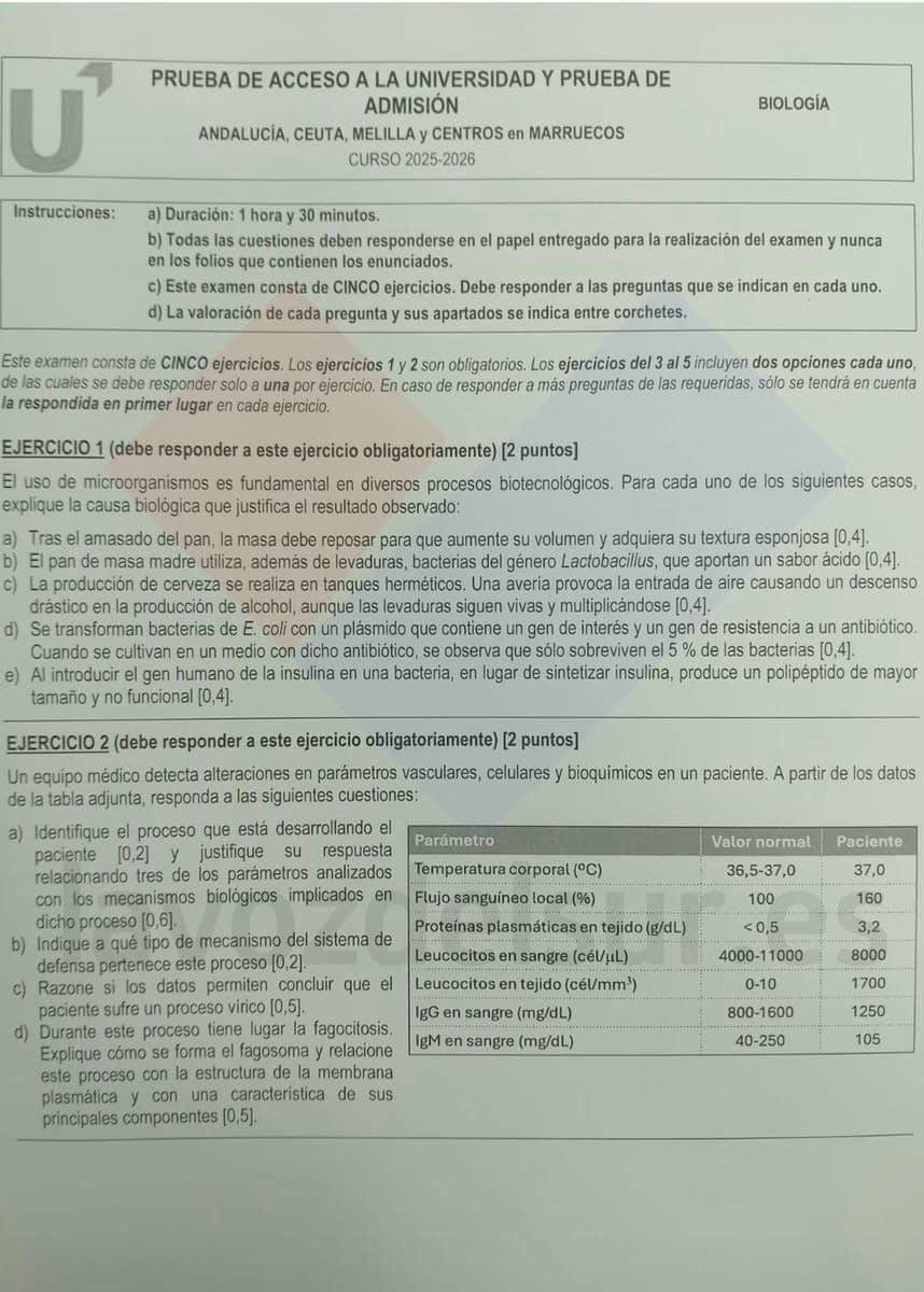 examen PAU 2026 extraordinaria Biología Andalucía