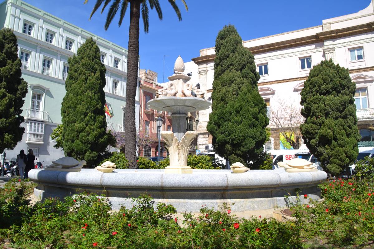 Fuente de las Tortugas, al fondo fachada Diputación y Biblioteca Provincial. - 
