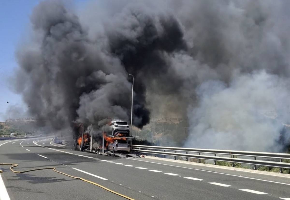 Una gran columna de humo en Estepona: arde un camión cargado con ocho coches