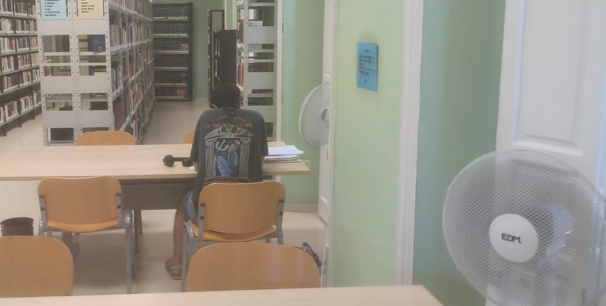 Un joven, estudiando en una dependencia municipal en plena ola de calor. - Un joven, estudiando en una dependencia municipal en plena ola de calor.