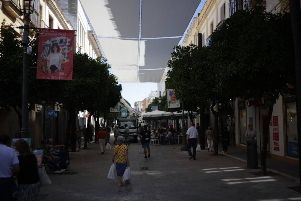 Instalación de los toldos en la Calle Larga.