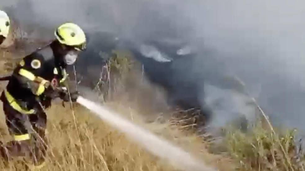 Los bomberos, atajando el incendio de pastos en El Puerto. - 