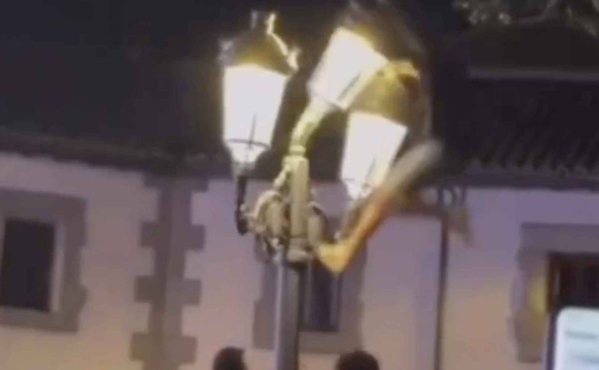 Así ha caído un hombre desde una farola mientras celebraba el Mundial de España