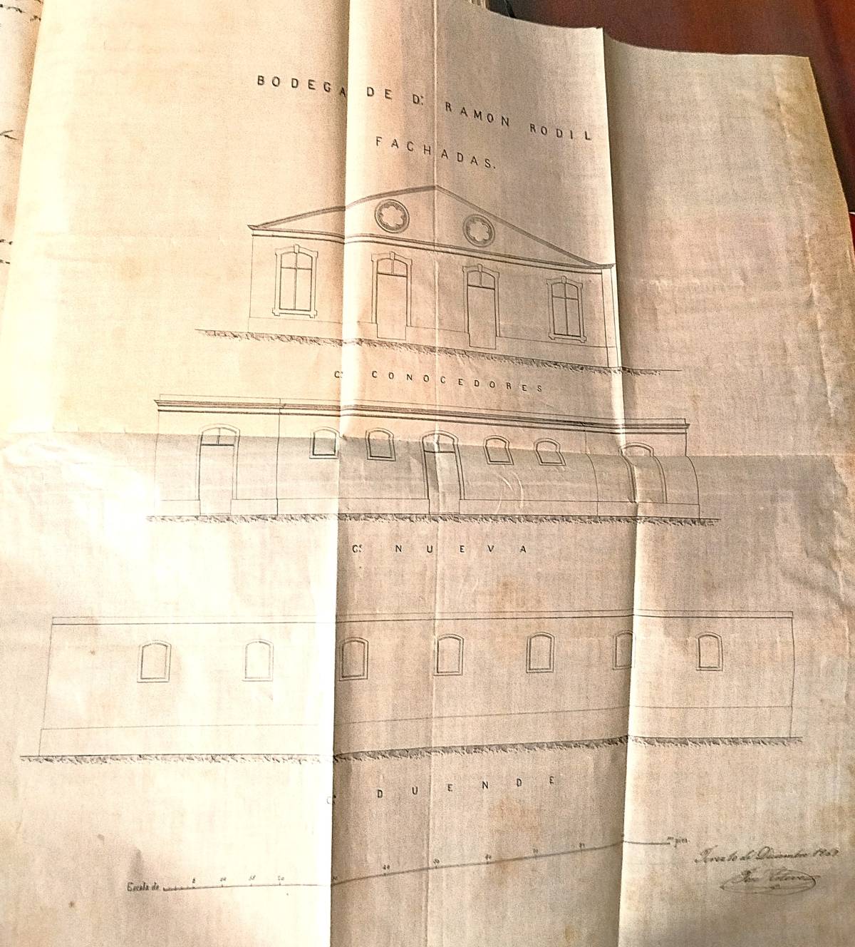 Plano de las bodegas de Ramón Rodil en Plaza de Toros, hoy Casa Sánchez (1870). - Plano de las bodegas de Ramón Rodil en Plaza de Toros, hoy Casa Sánchez (1870).