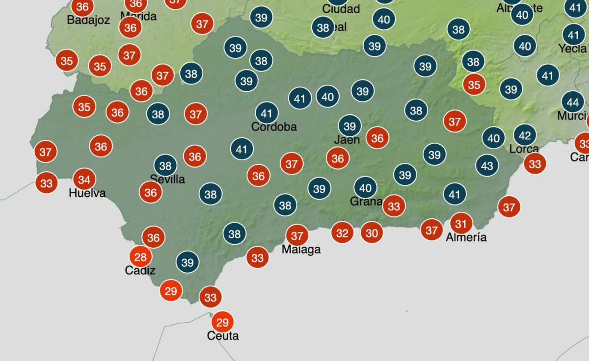 Mapa de la previsión en Andalucía a las 17.00 horas, según la Aemet. - Mapa de la previsión en Andalucía a las 17.00 horas, según la Aemet.
