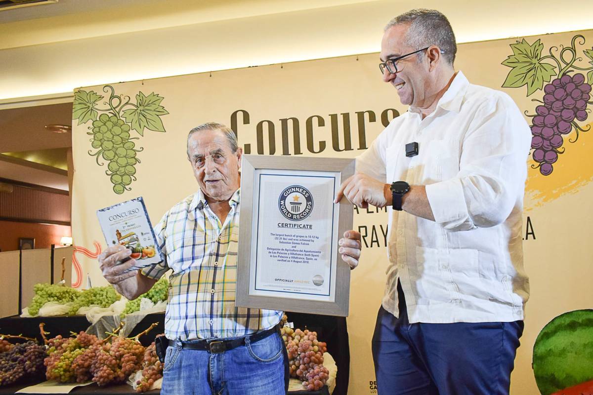 El agricultor Sebastián Gómez, que se ha llevado el primer premio por su racimo de uvas gigante, junto al alcalde y el certificado de Récord Guinness que consiguió en 2018. - El agricultor Sebastián Gómez, que se ha llevado el primer premio por su racimo de uvas gigante, junto al alcalde y el certificado de Récord Guinness que consiguió en 2018.