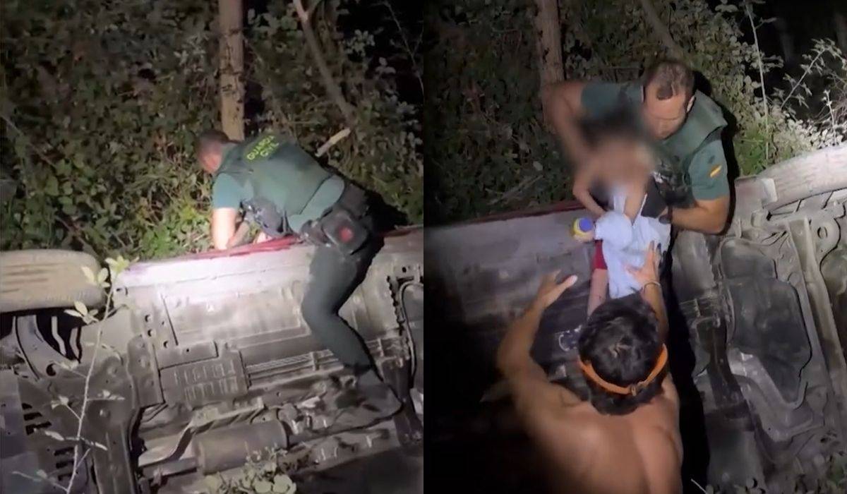 El milagroso rescate de una familia en Granada: suspendido el coche entre dos árboles tras caer por un terraplén