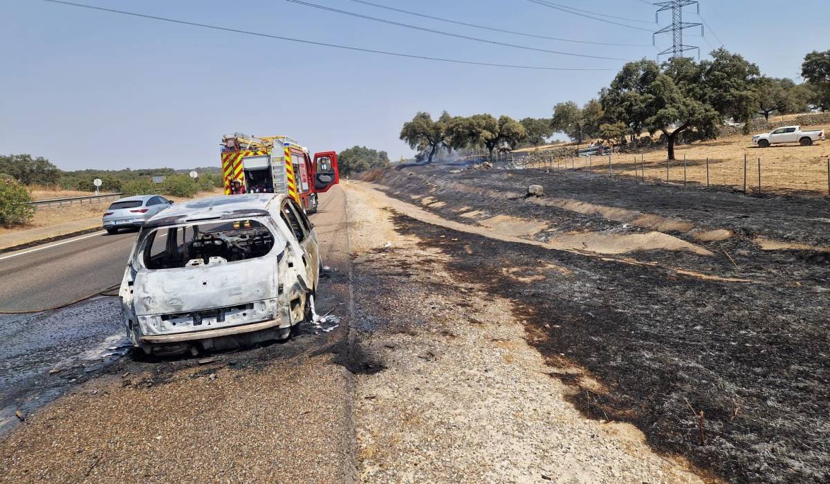 Arde un vehículo en la Autovía Ruta de la Plata en la salida de Sevilla y el fuego salta a una finca