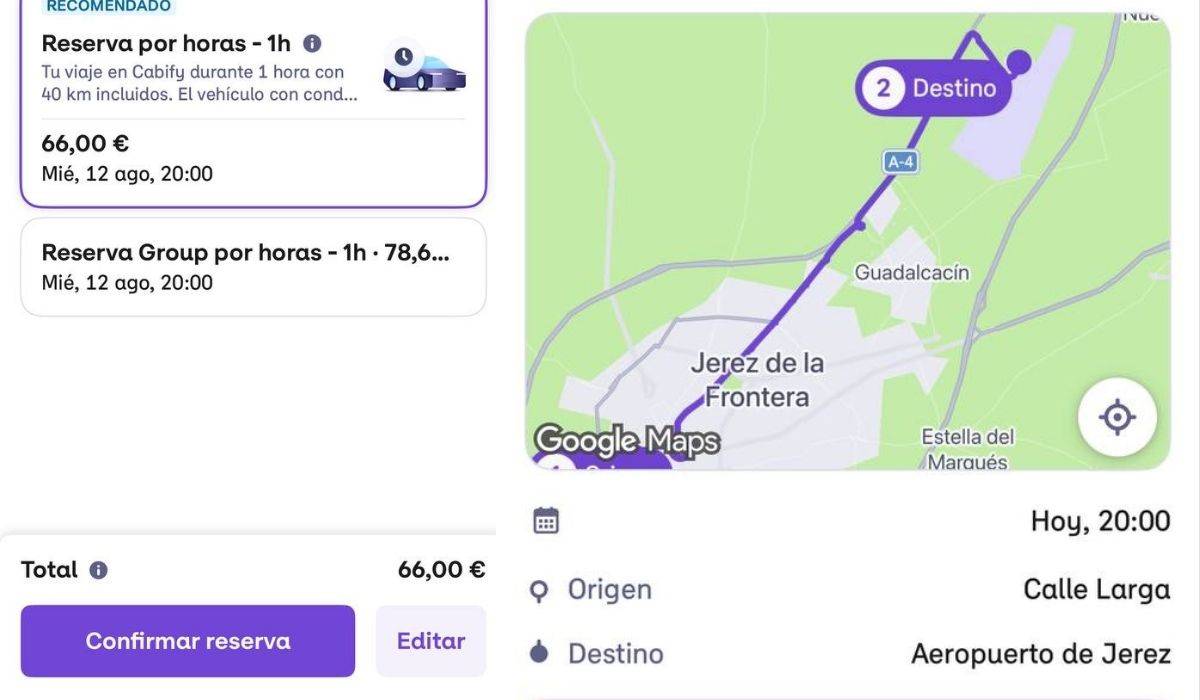 Pantallazos en la aplicación para reservar un Cabify en Jerez. - Pantallazos en la aplicación para reservar un Cabify en Jerez.
