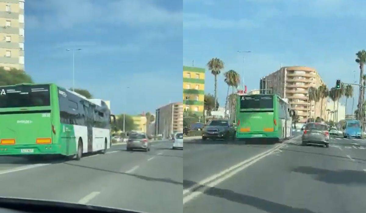 Un autobús circula a contramano y con pasajeros a bordo para adelantar en La Línea: obliga a varios coches a apartarse
