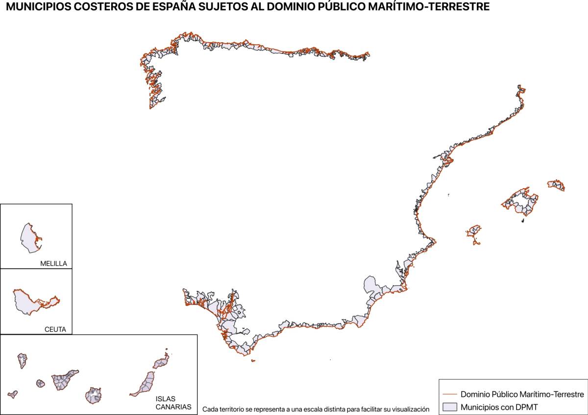 Mapa de municipios costeros españoles sometidos al domino público marítimo-terrestre.