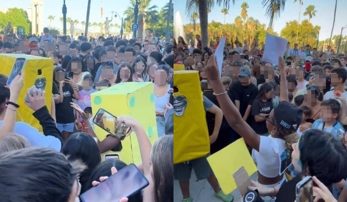 Disfrazados y posando ante cientos de jóvenes y curiosos: así es la primera batalla tiktoker de 'farmear aura' en Málaga