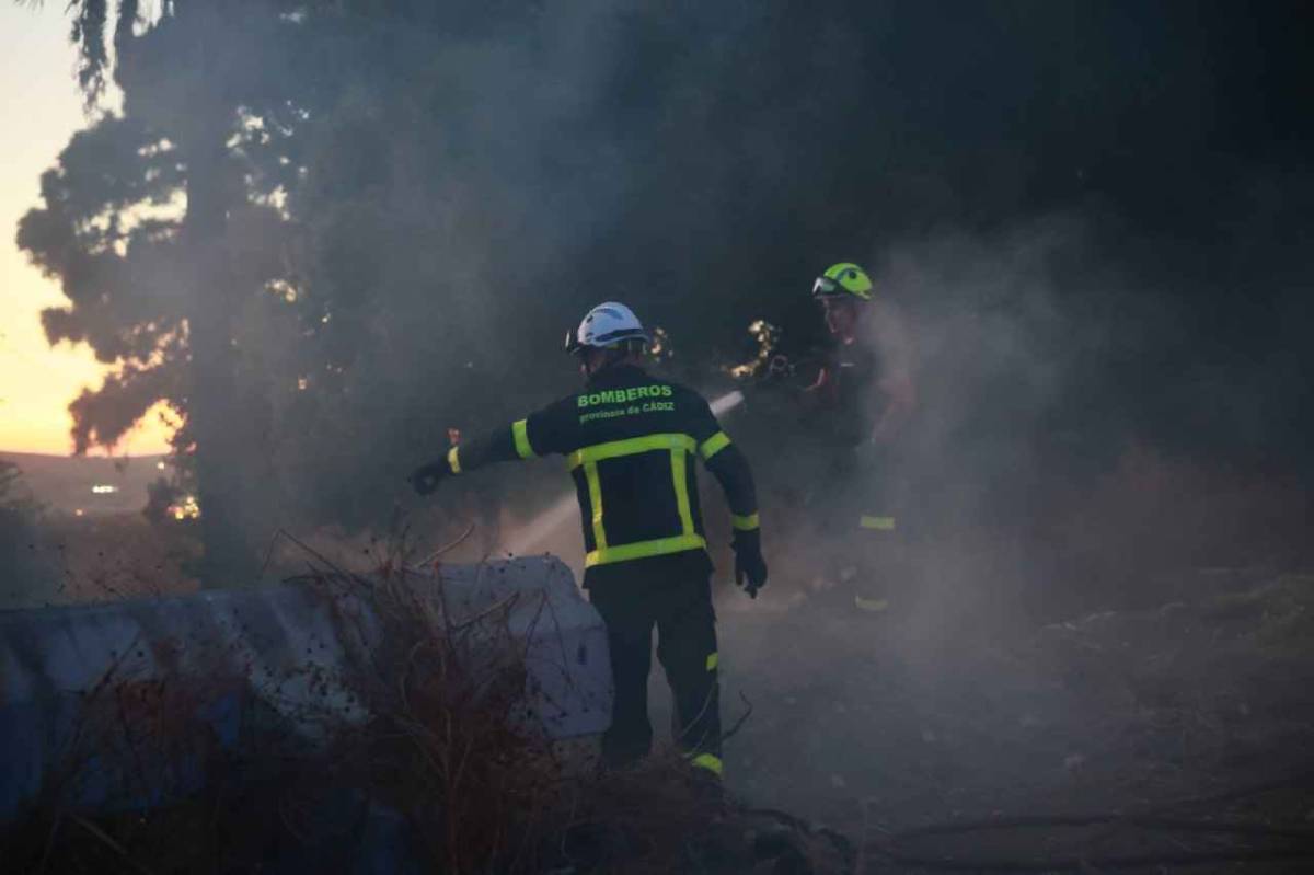 Bomberos, trabajando en las labores de extinción del fuego junto al Zoo de Jerez