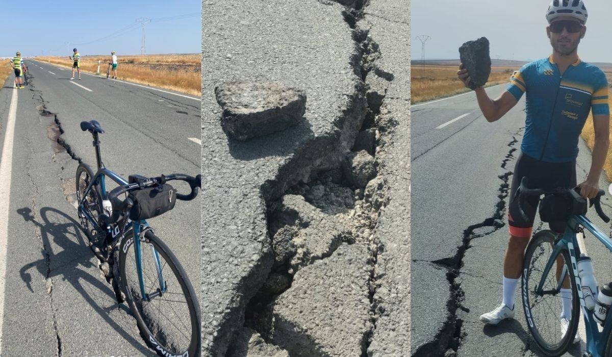 Trozos de asfalto en la mano y bicis hundidas: ciclistas alertan del estado de una carretera muy transitada en Sevilla