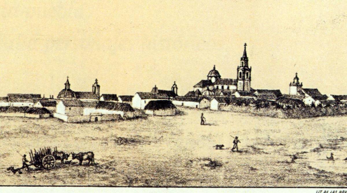 Vista de Los Palacios y Villafranca en 'Guía del viagero en ferrocarril', de 1864, donde la parroquia ya es arquitectónicamente otra.
