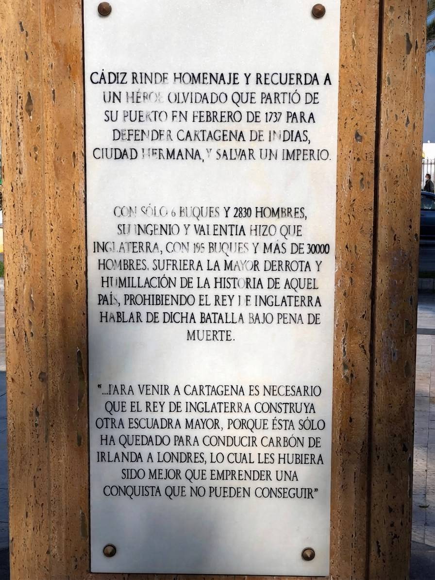 Monumento a Blas de Lezo, leyenda conmemorativa en la parte posterior del pedestal. - Monumento a Blas de Lezo, leyenda conmemorativa en la parte posterior del pedestal.