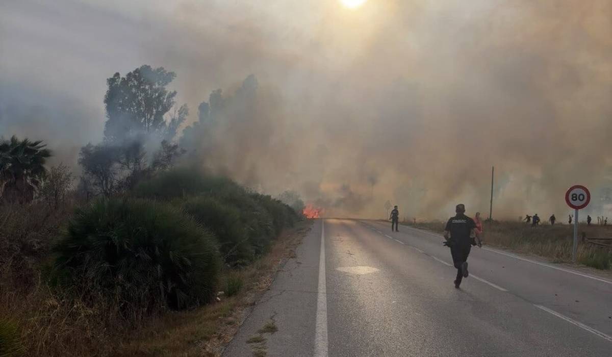 Controlado el incendio en la entrada a Jerez, pero el viento mantiene la vigilancia junto a viviendas y la gasolinera