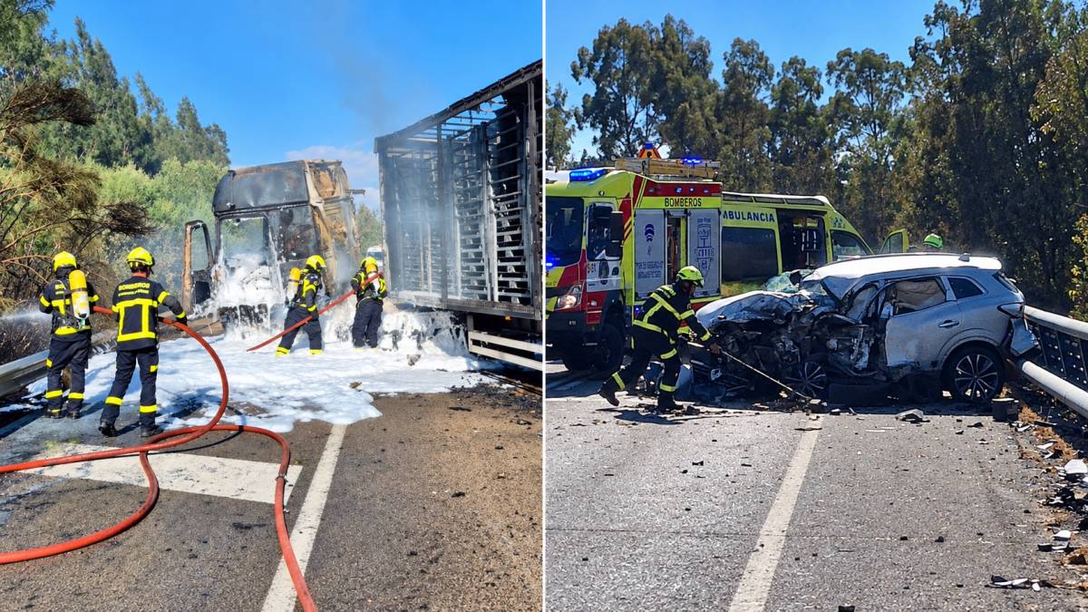 Entre Medina y Chiclana: un camión devorado por las llamas tras un brutal impacto con un turismo