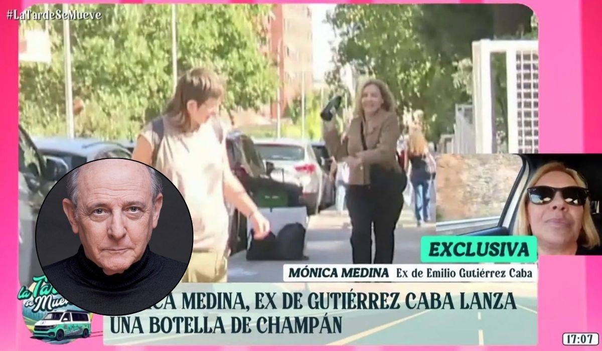 Botella de champán en mano: Mónica Medina, expareja de Emilio Gutiérrez Caba, agrede a una periodista durante su mudanza