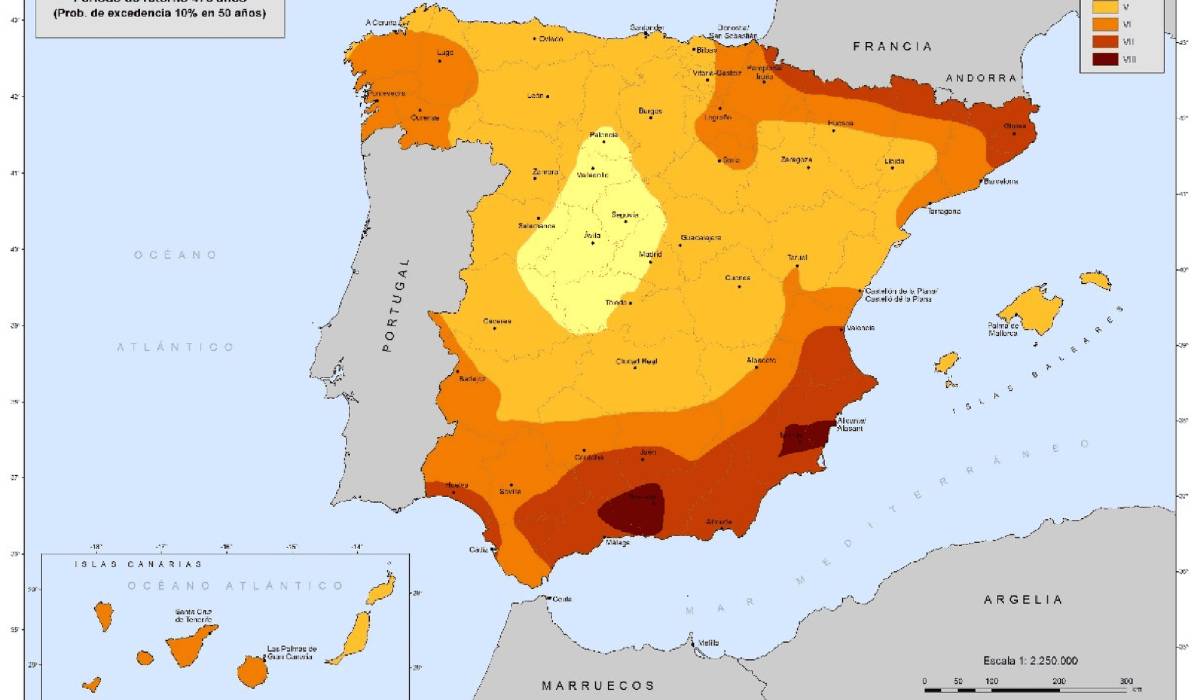 Mapa de intensidad sísmica en España, realizada por elBOE. - Mapa de intensidad sísmica en España, realizada por elBOE.