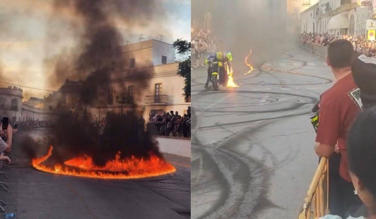 Acrobacias y fuego entre las casas en Arcos: la exhibición motera de la Rider Andalucía abre el debate vecinal