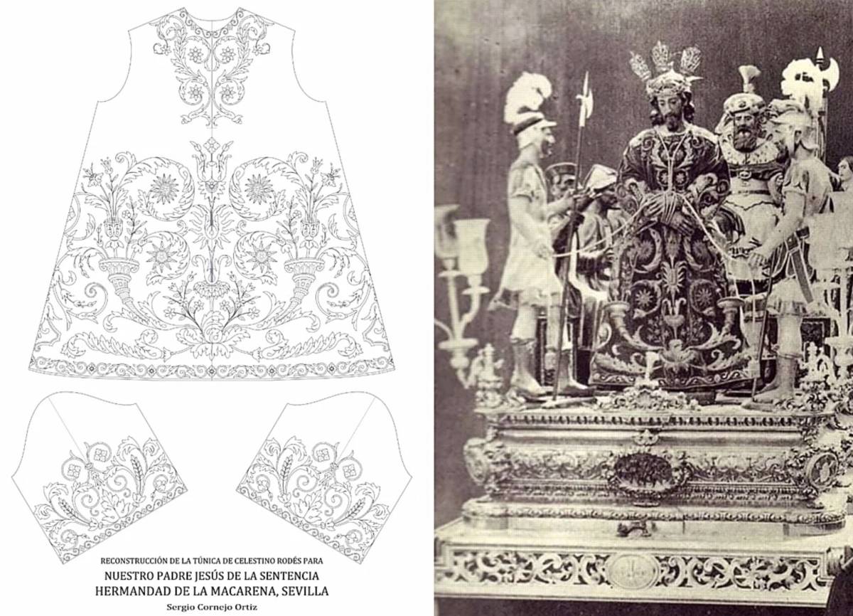 Reconstrucción de la túnica de Los Cuernos de la Abundancia junto con la única foto que existe de la pieza.