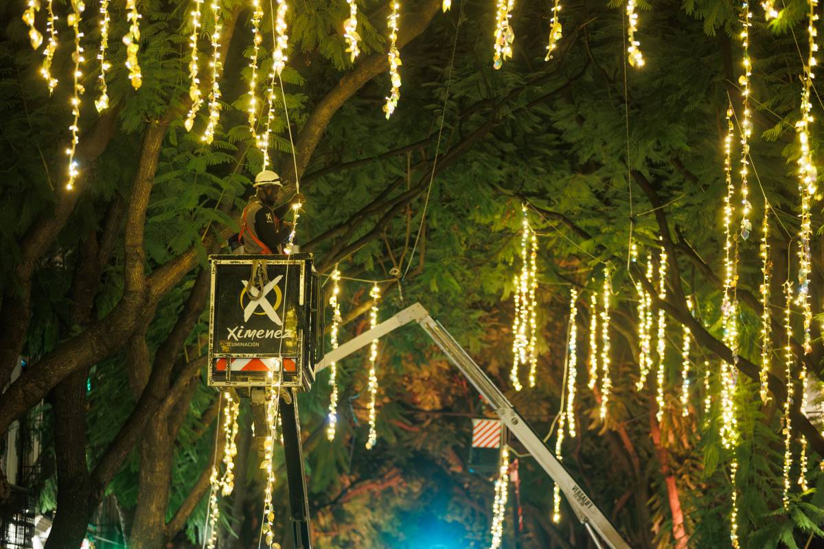 Colocación de luces navideñas en la calle Porvera.