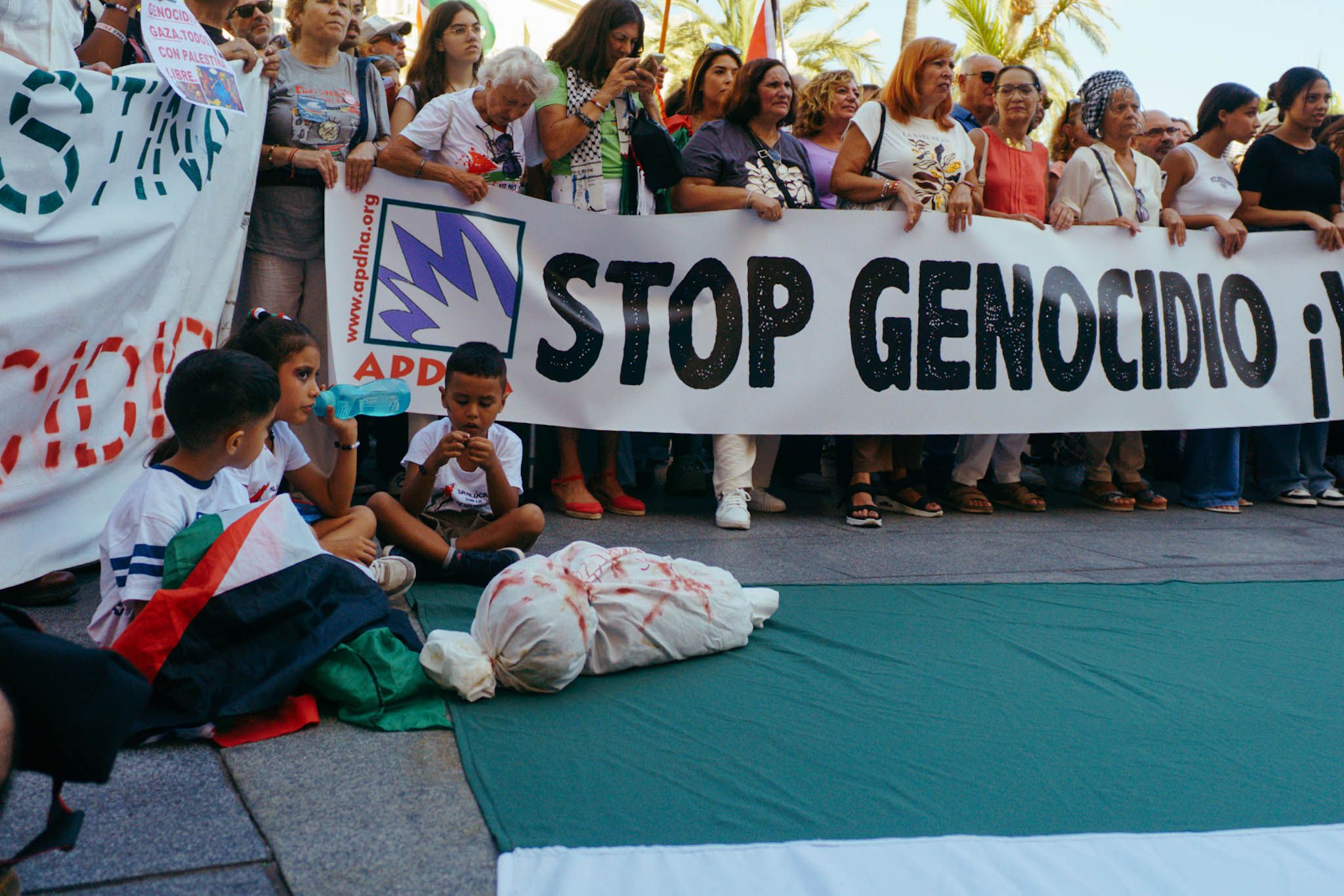 Pancartas contra el genocidio en Gaza, en una marcha en Cádiz. - MANU GARCÍA