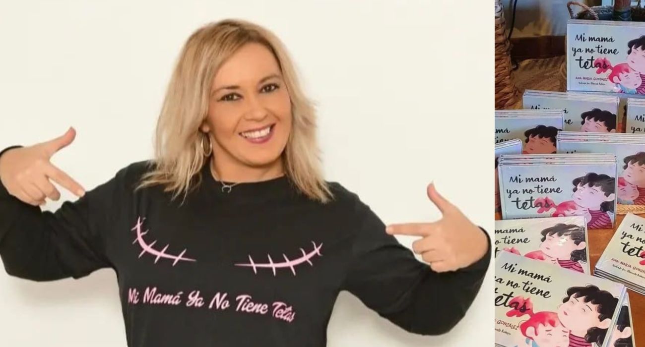 La maestra Ana González, junto a varios ejemplares de su cuento 'Mi mamá ya no tiene tetas'. - 