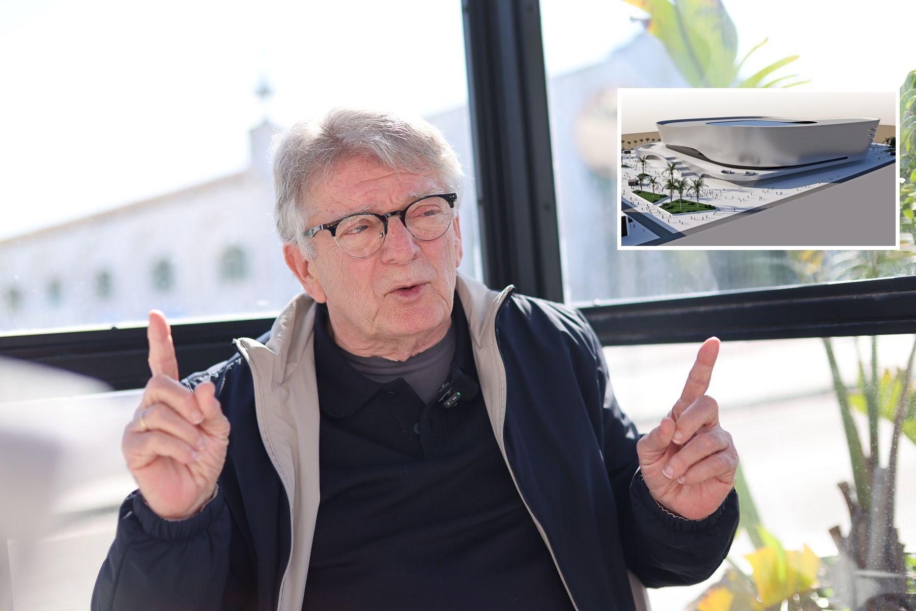 Paco González Cabaña, en un momento de la entrevista con lavozdelsur.es. Y un detalle del futuro Sportech en El Puerto. - JUAN CARLOS TORO