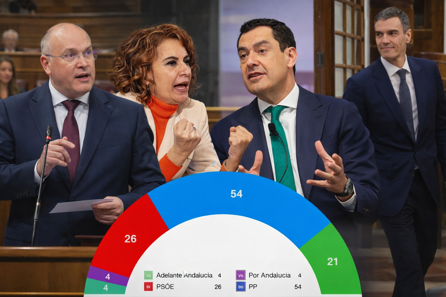 De izda. a dcha., en la imagen, Miguel Tellado, María Jesús Montero, Juanma Moreno y Pedro Sánchez. Y en el centro, el arco político resultante de unas elecciones hoy en Andalucía, según la encuesta publicada por Publicaciones del Sur. - 