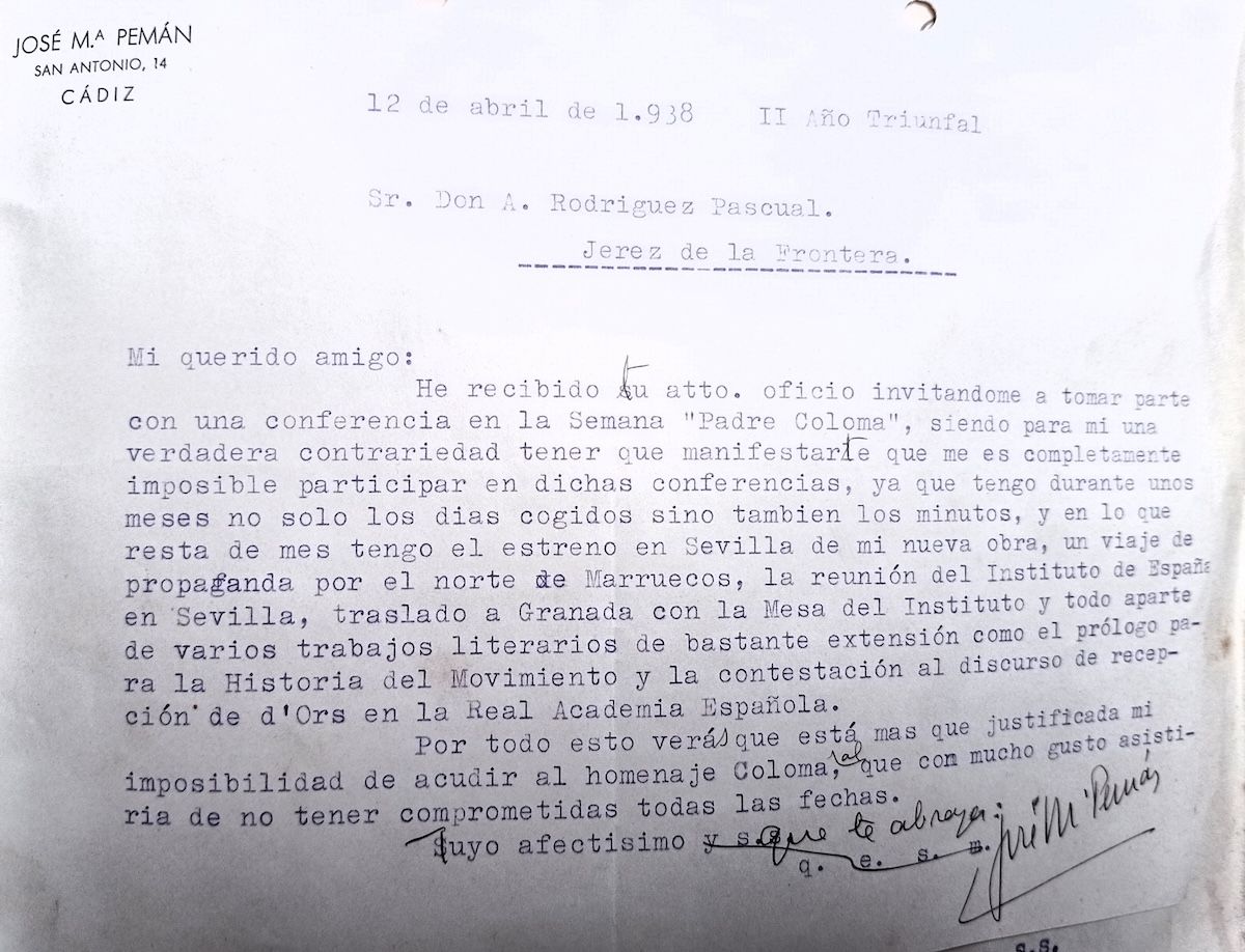 Carta de José María Pemán disculpándose por no poder participar con una conferencia en el ciclo organizado. - 