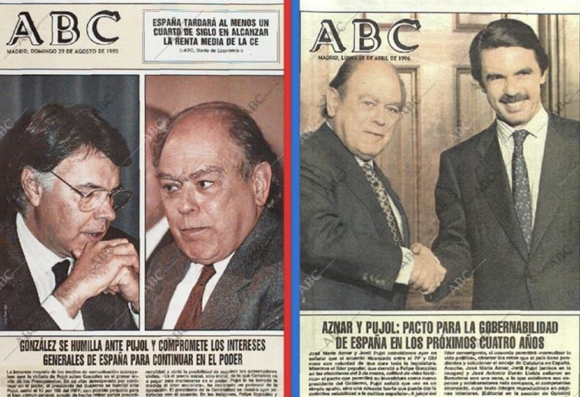 Marionetas. Acuerdos de González y Aznar con el entonces president Pujol, en portadas muy elocuentes de 'ABC'. - 