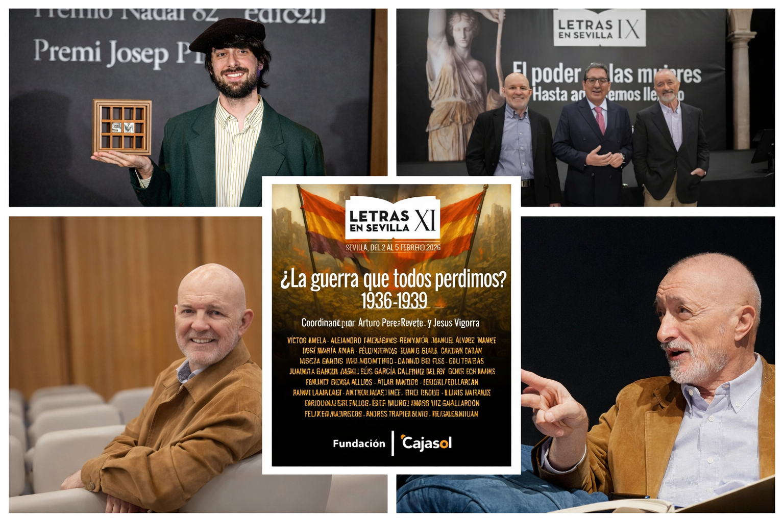 David Uclés, Arturo Pérez-Reverte y Jesús Vigorra, con el cartel del ciclo de Fundación Cajasol, que preside Antonio Pulido. - 