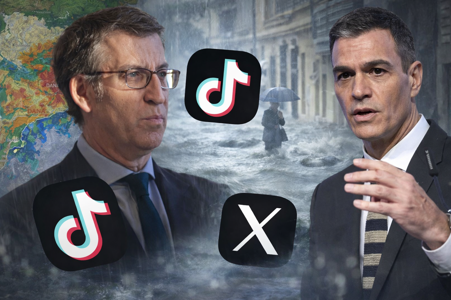 Collage con Alberto Núñez Feijóo y Pedro Sánchez, rodeados de los efectos de la dana en Valencia y los logos de TikTok y X. - 