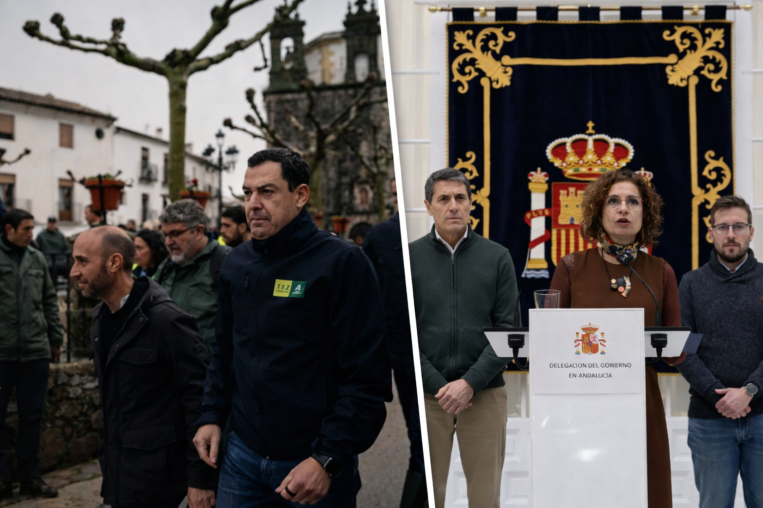 Este pasado jueves de temporal: a la izda., Juanma Moreno en Grazalema con su alcalde, el socialista Carlos Javier García; a la derecha, María Jesús Montero, en la Delegación del Gobierno en Sevilla. - 