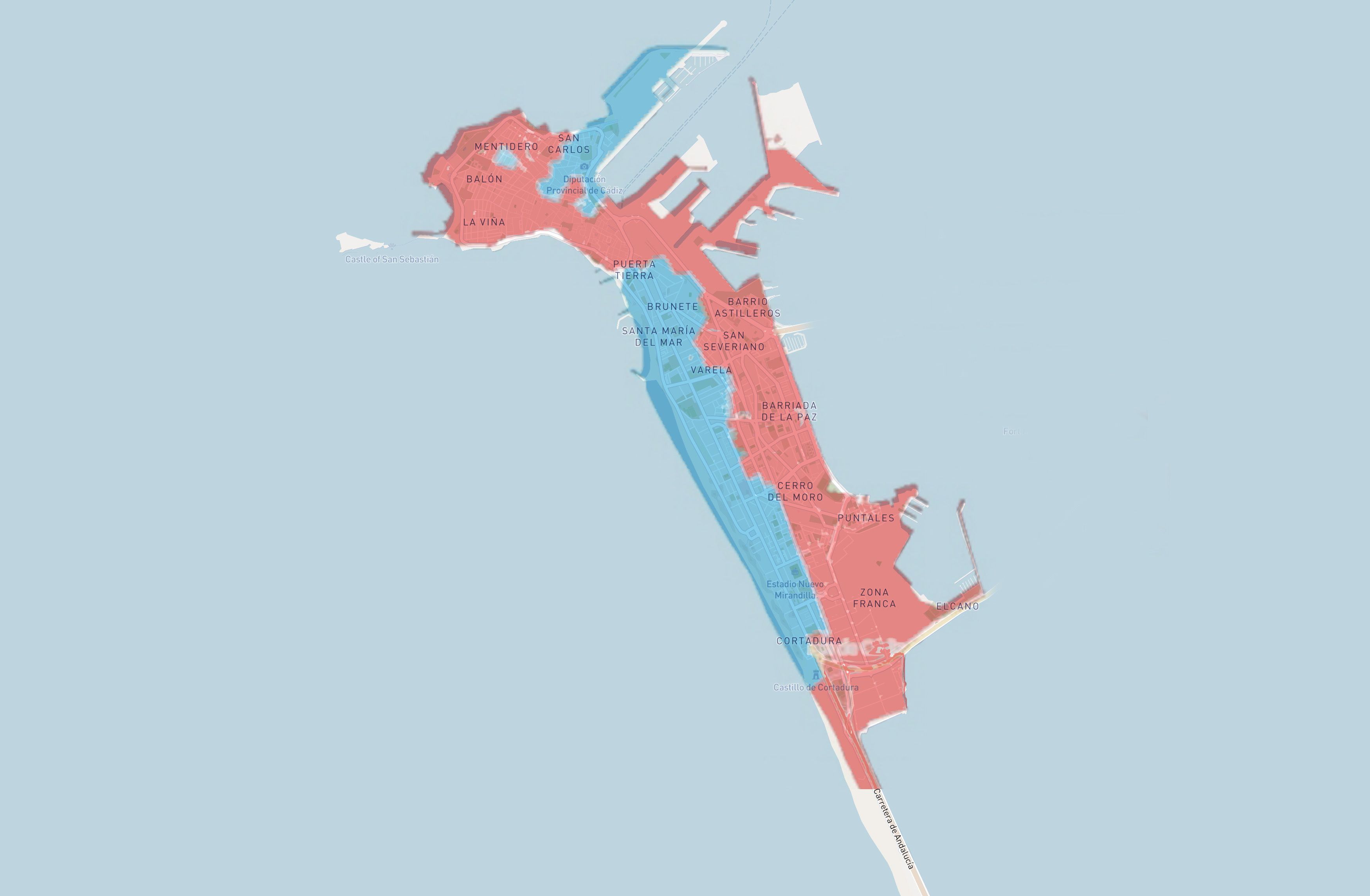 Radiografía electoral de Cádiz capital: la avenida de la Sanidad parte la ciudad entre rojo y azul