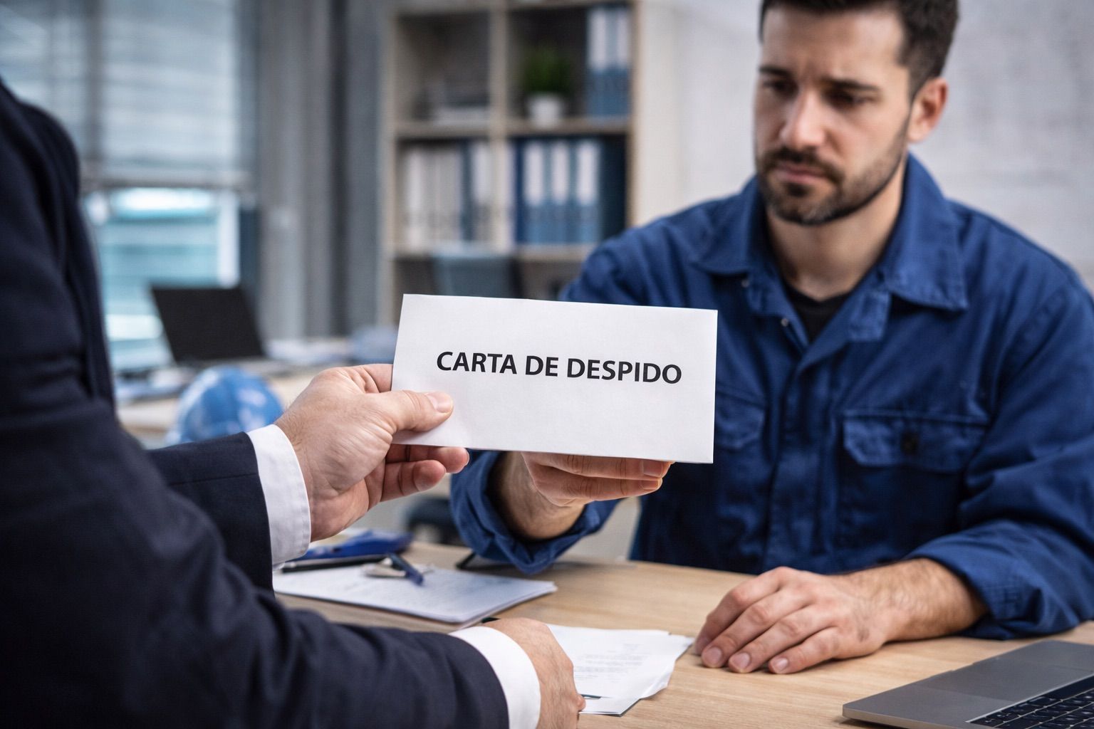 Un empresario entrega una carta de despido a un trabajador. - 