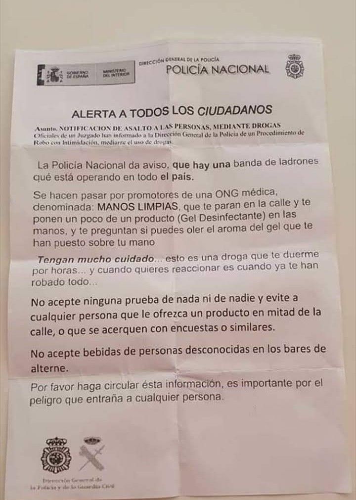 La Policía Nacional alerta sobre un bulo: no existe una supuesta organización que roba tras dormirte con gel desinfectante