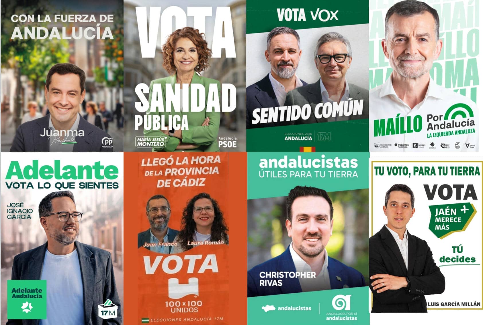Estos son los carteles electorales de los candidatos a la Presidencia de la Junta de Andalucía el 17M