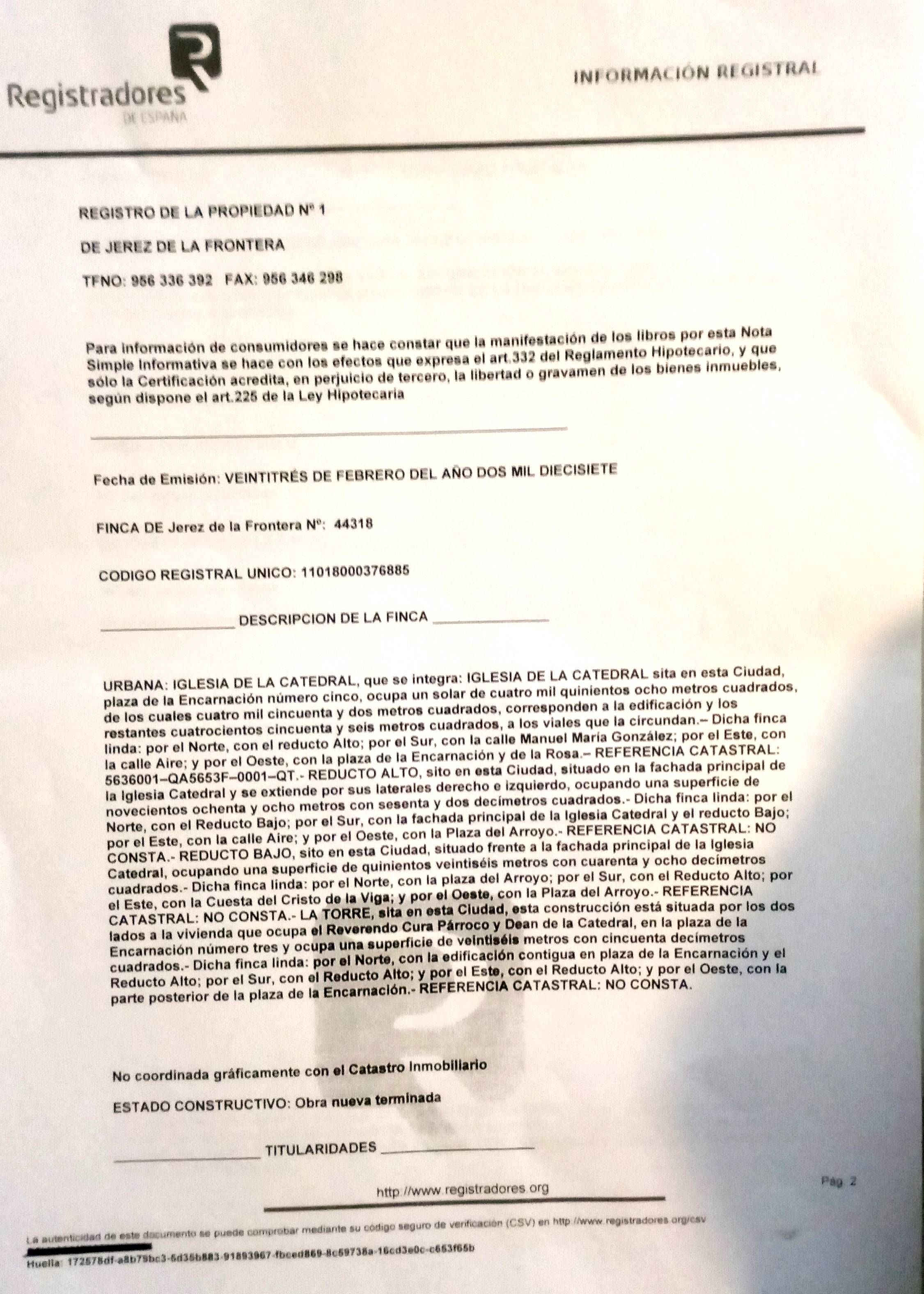 El registro de la propiedad de la Catedral de Jerez (1/2)