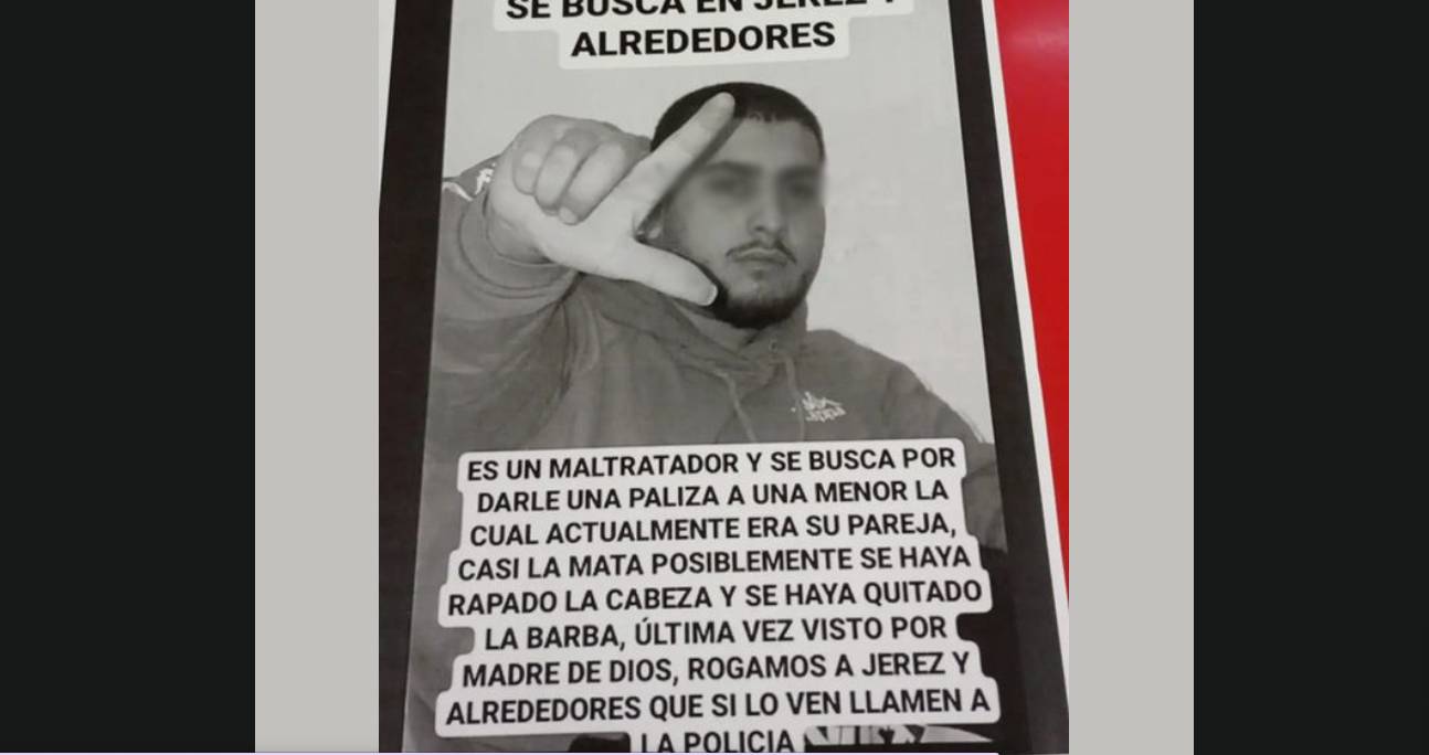 Uno de los carteles colocados en Jerez para dar con el paradero del individuo que dio más de 50 bocados y provocó múltiples contusiones a una joven en Jerez.