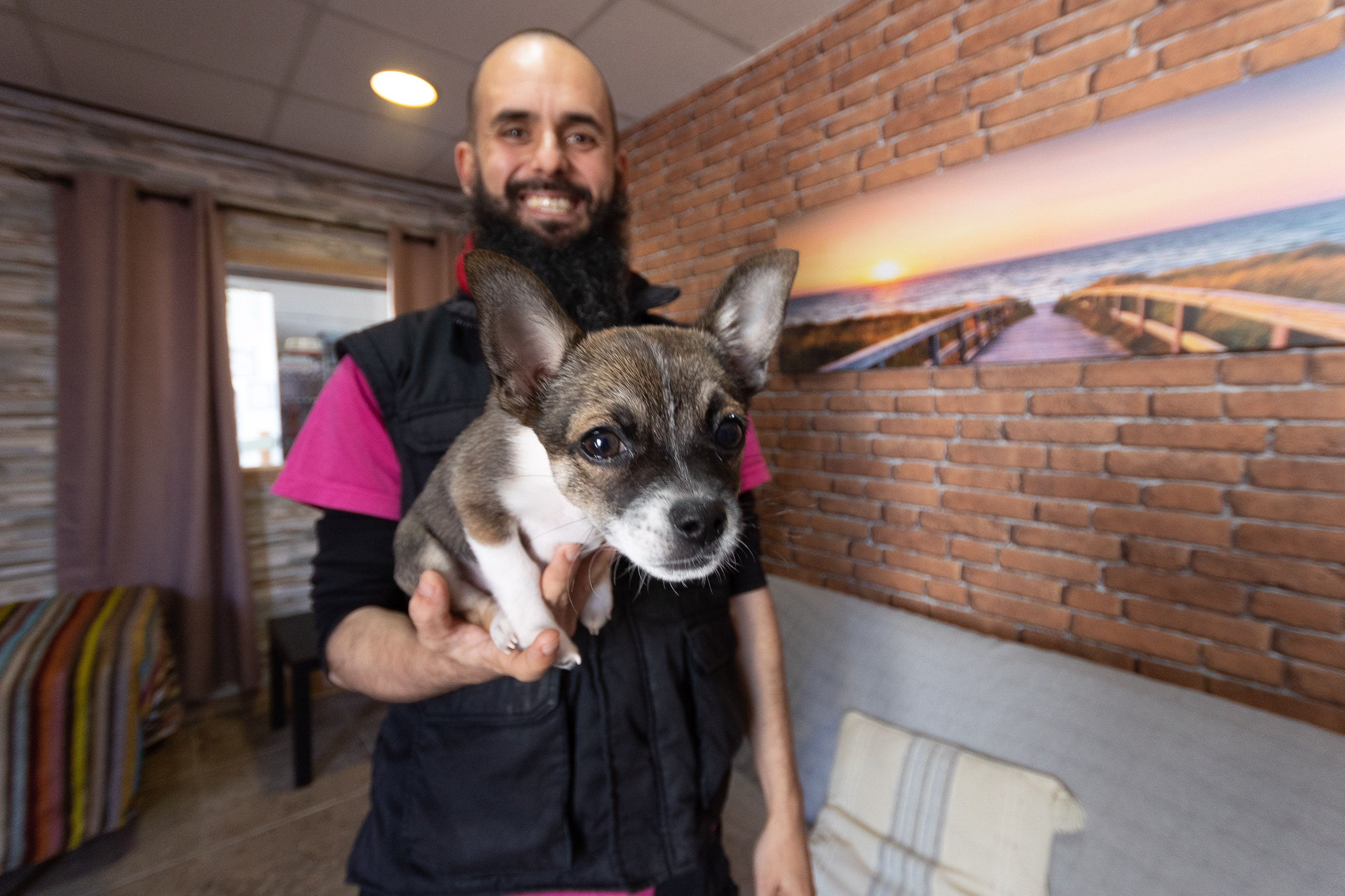 El educador canino con Pucho en el piso.