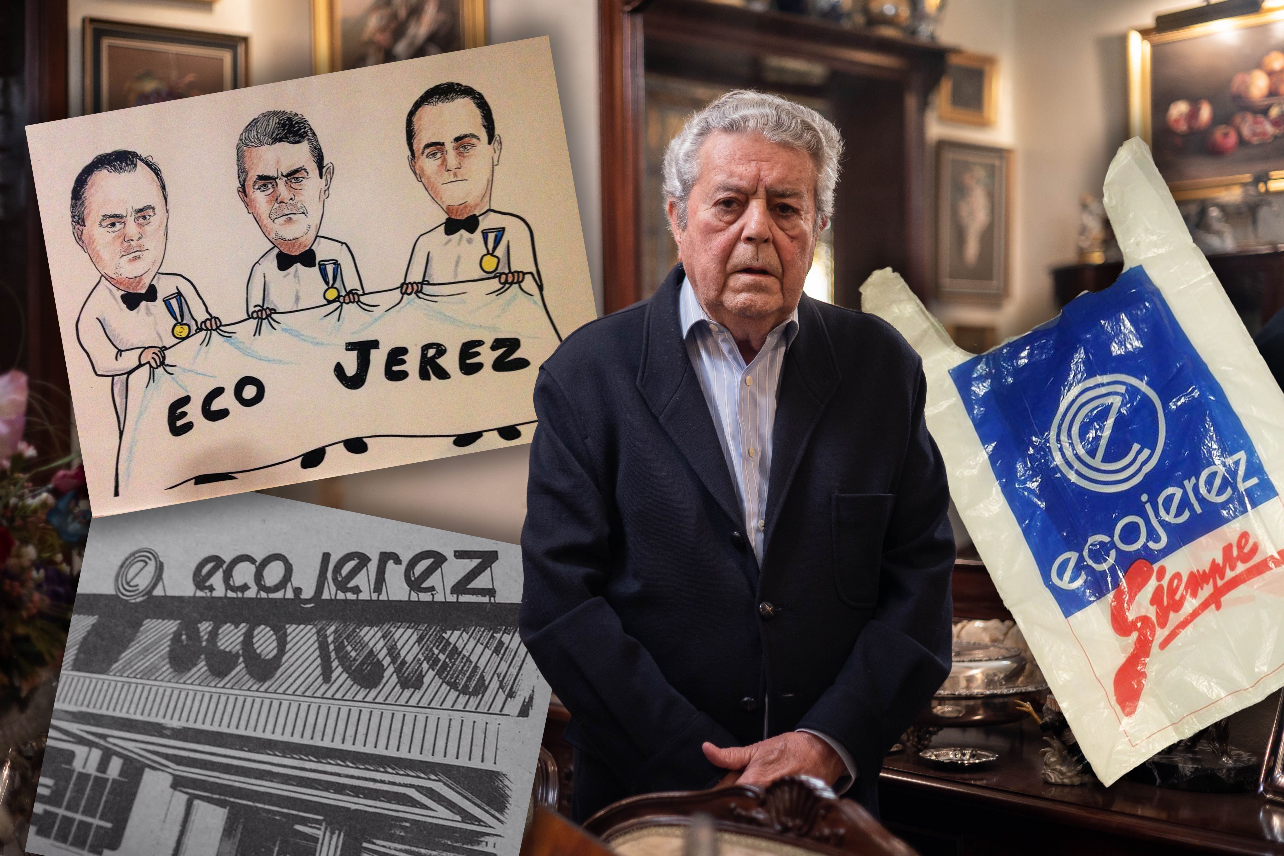 Ricardo Muñoz Torrado, en el centro de la imagen, tras su encuentro con lavozdelsur.es en 2022. En la imagen, una caricatura con los tres hermanos Muñoz Torrado y recuerdos de EcoJerez.