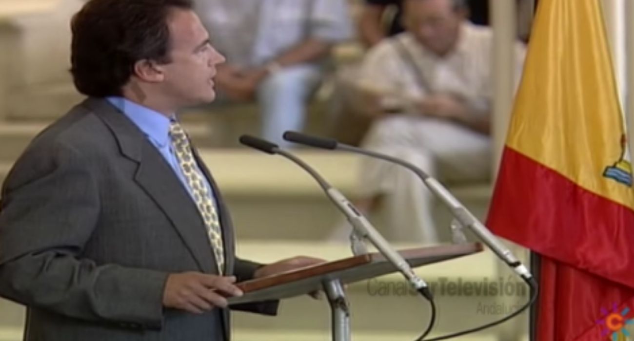 Pedro Pacheco, durante el acto inaugural del pabellón Tierras del Jerez en la Expo 92. 