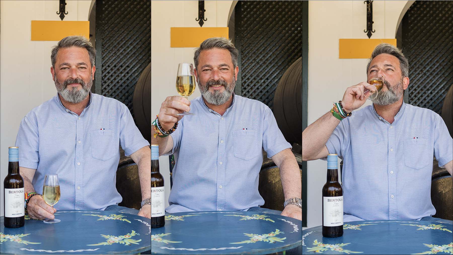 Rubén Pérez brindando por Jerez durante la entrevista con lavozdelsur.es, este pasado sábado.
