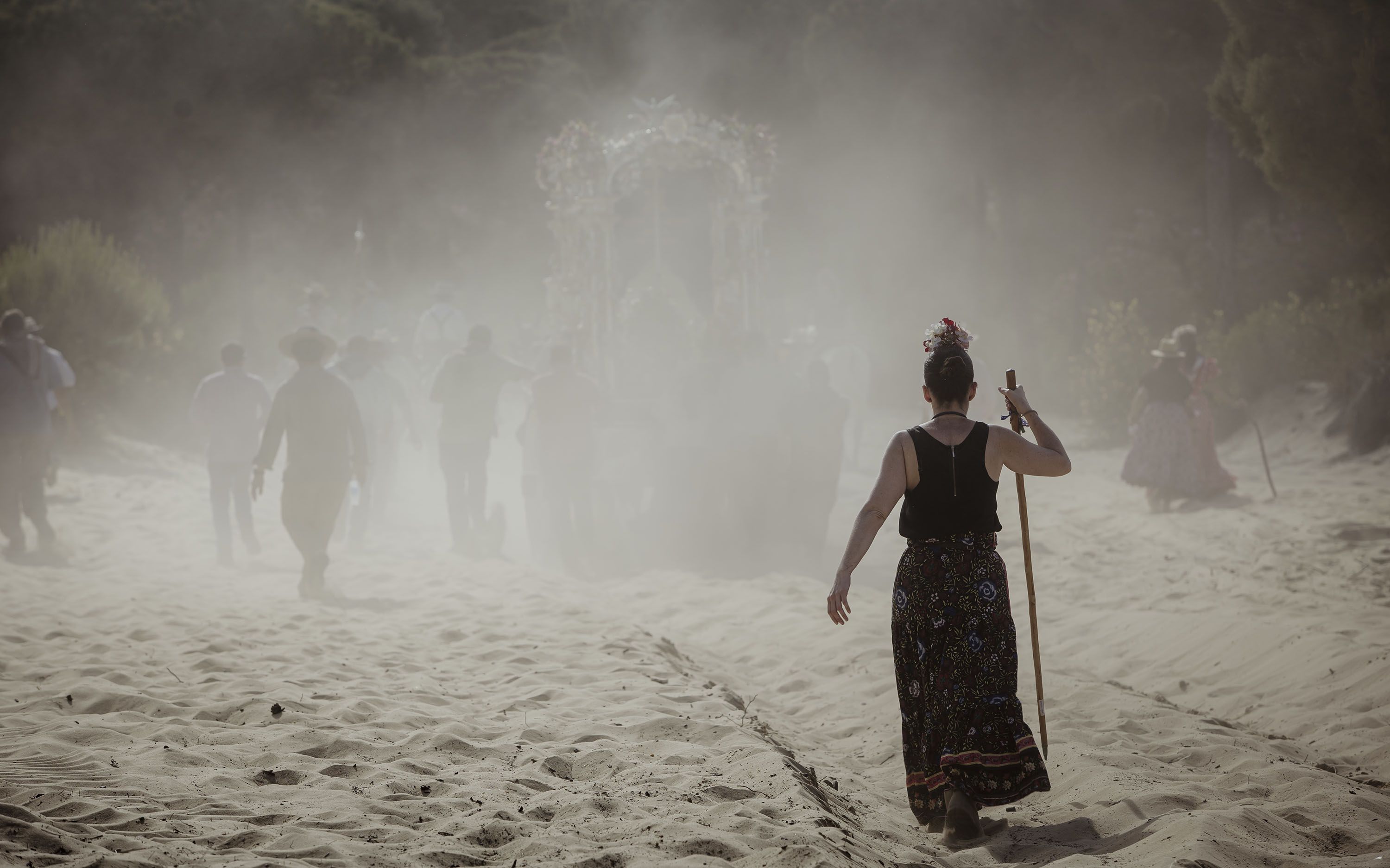 Imagen de la romería del Rocío con el camino de la hermandad de Jerez.     ESTEBAN 