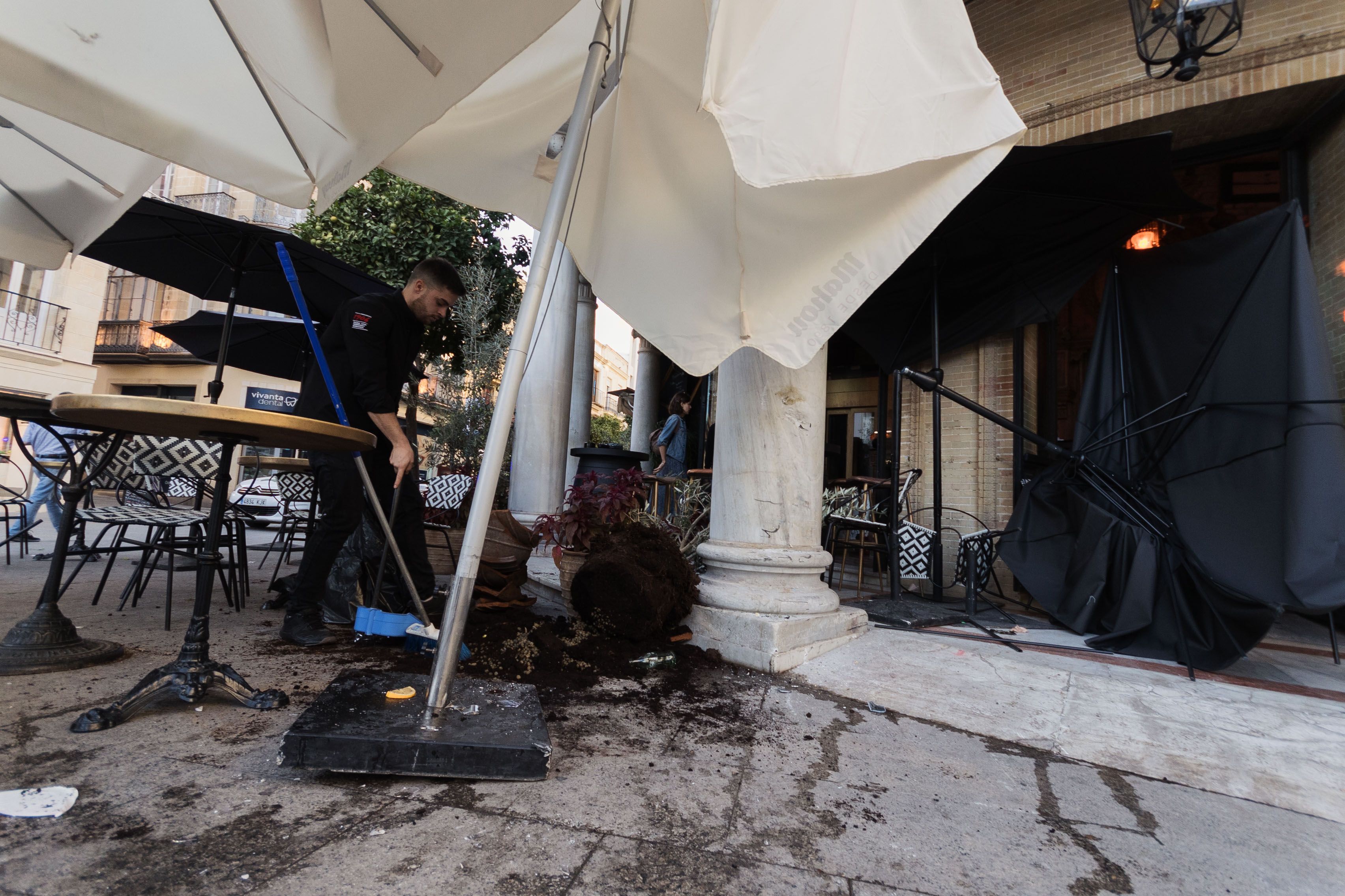 Un trabajador limpia la terraza del Gallo Azul, donde se ha empotrado un autobús. Un trabajador limpia la terraza del Gallo Azul, donde se ha empotrado un autobús.