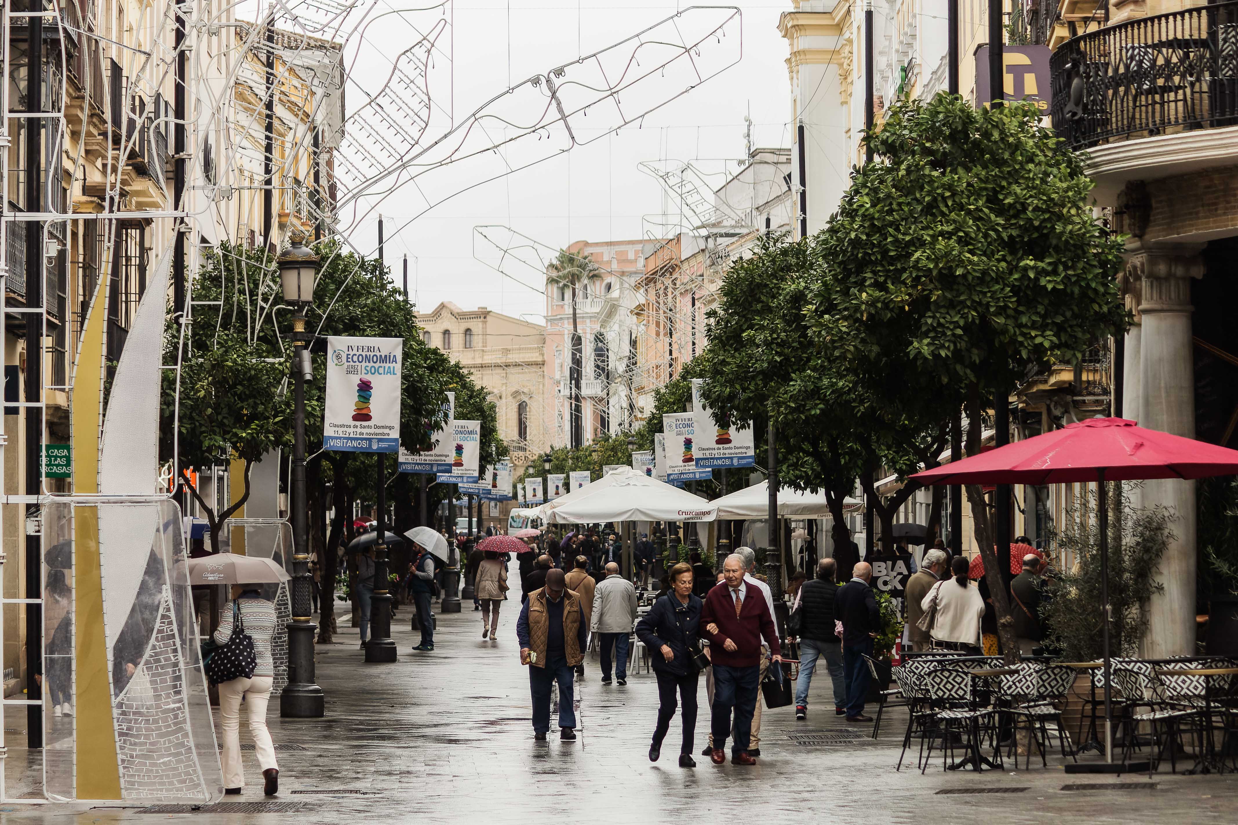 Árboles luminosos que decorarán esta Navidad la calle Larga de Jerez, este miércoles.