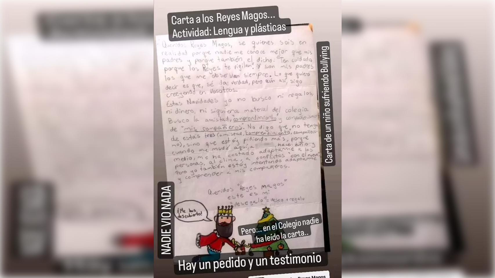 La carta a los Reyes Magos de un niño que sufre acoso escolar.